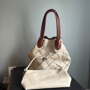 Louenhide Vegan Leather Cream Bermuda Tote with Wristlet Insert
